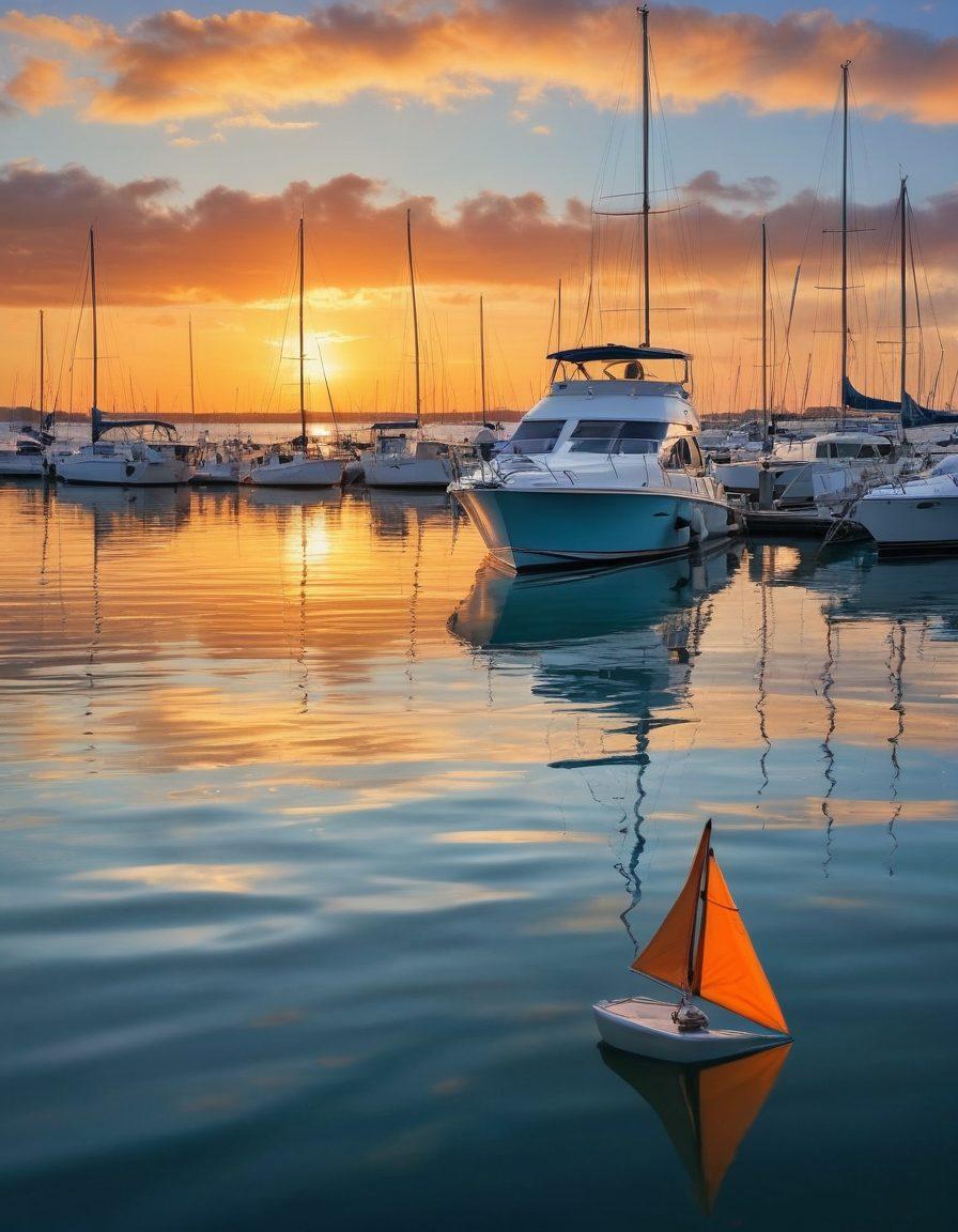 A serene marina scene showcasing a variety of boats, from small sailboats to luxury yachts, with a sunset reflecting on the water. In the foreground, a confident boat owner studies a glowing insurance policy document, emphasizing security and peace of mind. Gentle waves lap against the hulls, while seagulls soar overhead, symbolizing freedom. The color palette is warm and inviting, incorporating shades of blue, orange, and gold. hyper-realistic. vibrant colors. ocean backdrop.