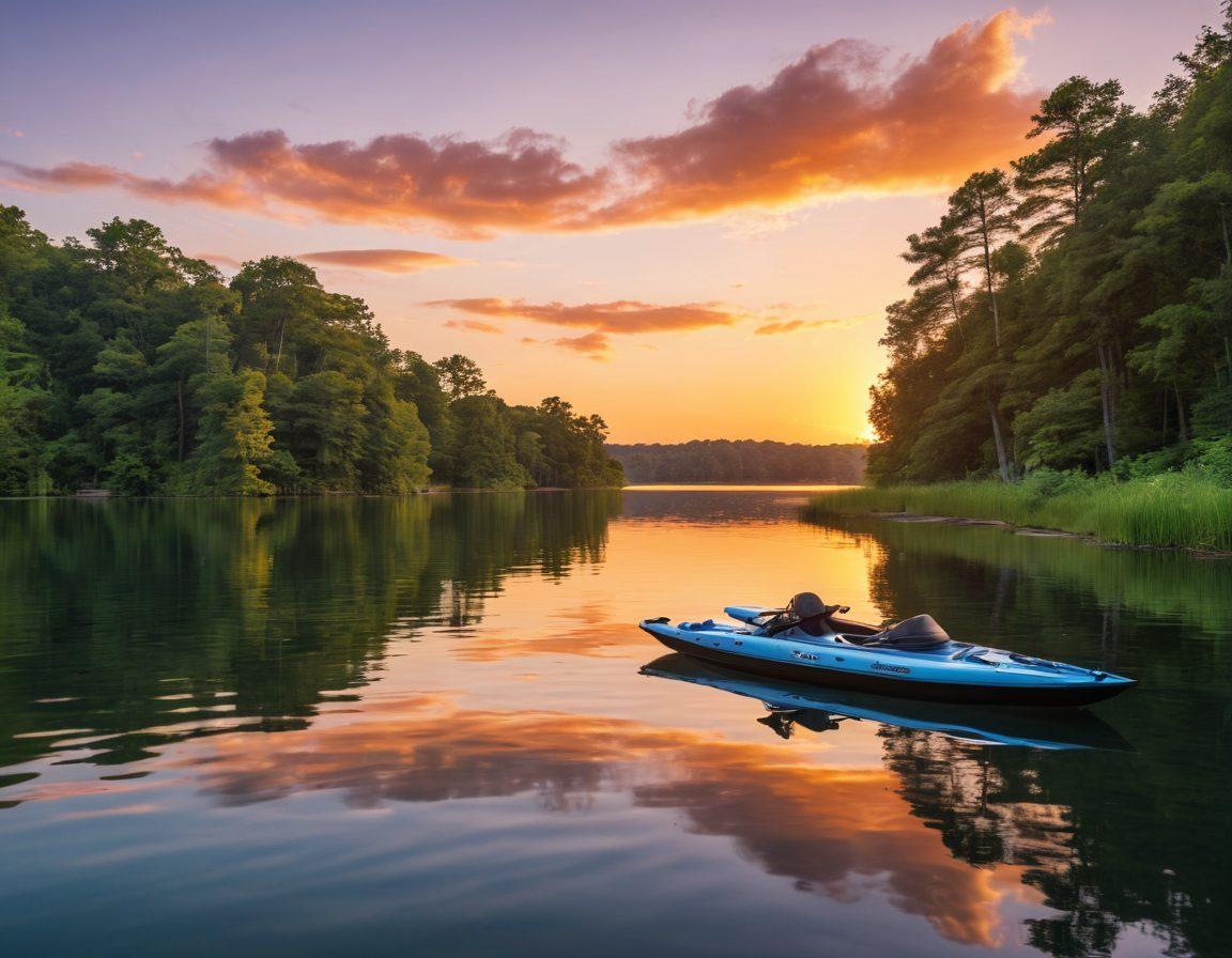 A serene lake setting with a variety of watercraft including a kayak, jet ski, and sailboat all docked peacefully. In the foreground, a shield icon symbolizes protection, while documents representing insurance options float around. Lush greenery surrounds the lake, and a vibrant sunset casts warm hues across the water. adventure, safety, and exploration themes presented creatively. super-realistic. vibrant colors. 3D.