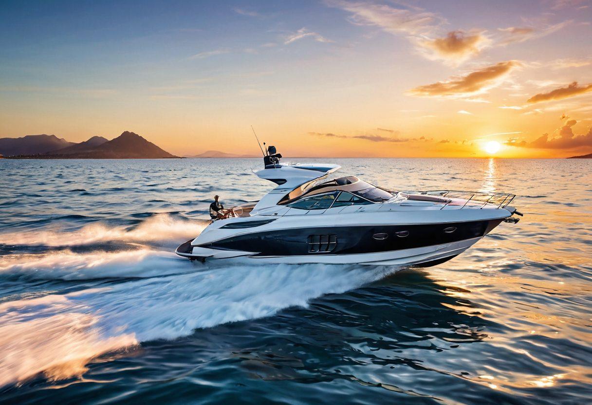 A luxurious yacht gracefully gliding over azure waves, next to a sleek jet ski zipping by, both set against a radiant sunset backdrop. Include vibrant ocean scenery with splashes of water and a distant tropical island. The image should convey the essence of adventure and luxury on the water. super-realistic. vibrant colors. white background.